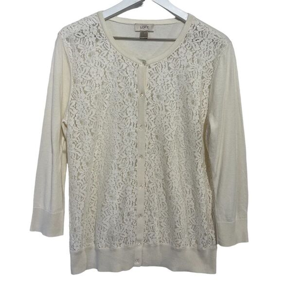 LOFT Cardigan Sweater Womens Large Ivory Lace Crystal Buttons Coquette Girl - Picture 2 of 6